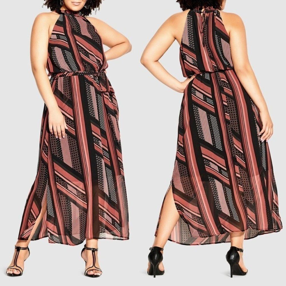 City Chic Women's Plus Size Halter Maxi‎ Dress Party Disco Black Multi Size 18